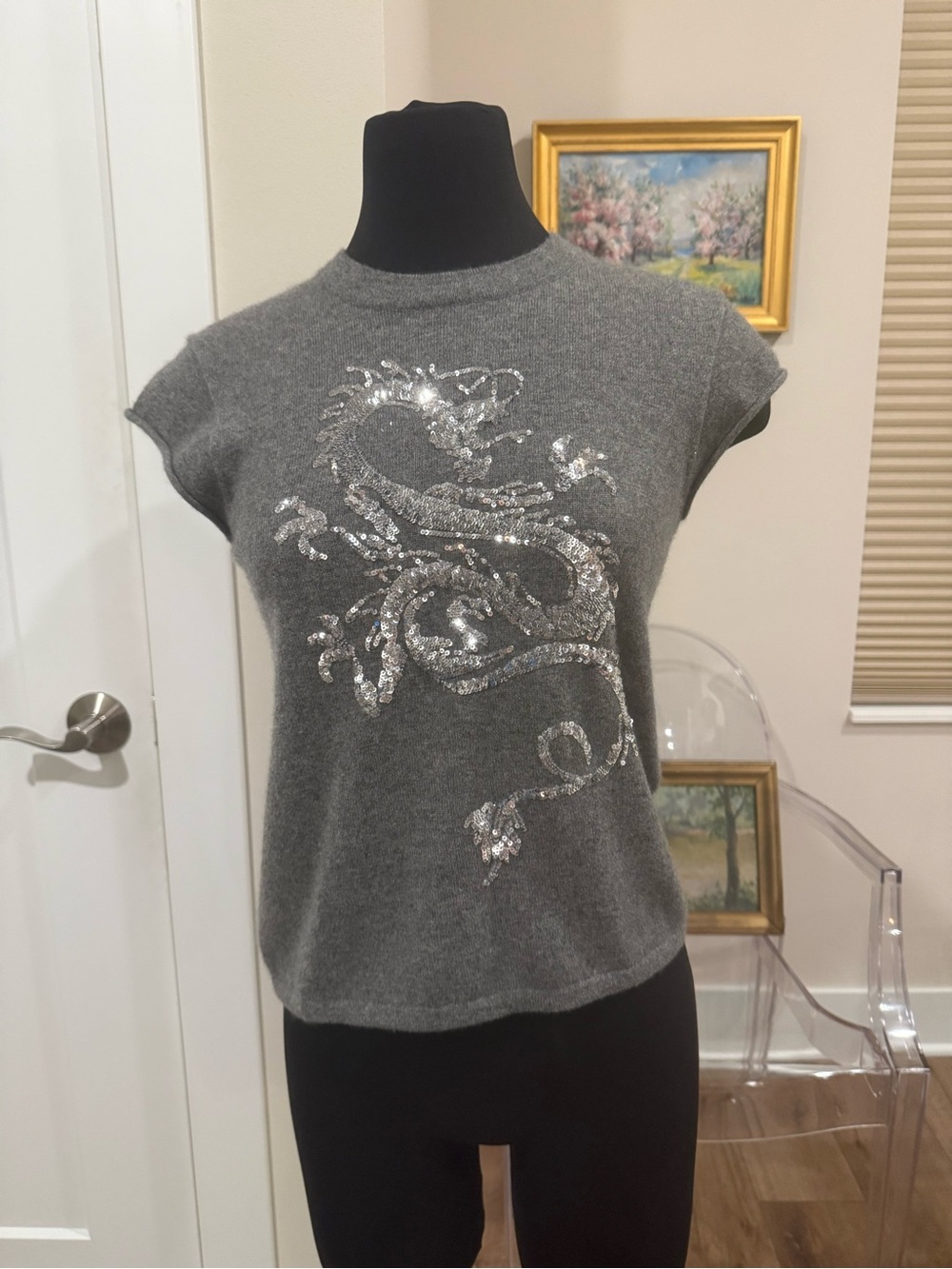 Cashmere Grey Sequin Dragon Cap-Sleeve Sweater Top